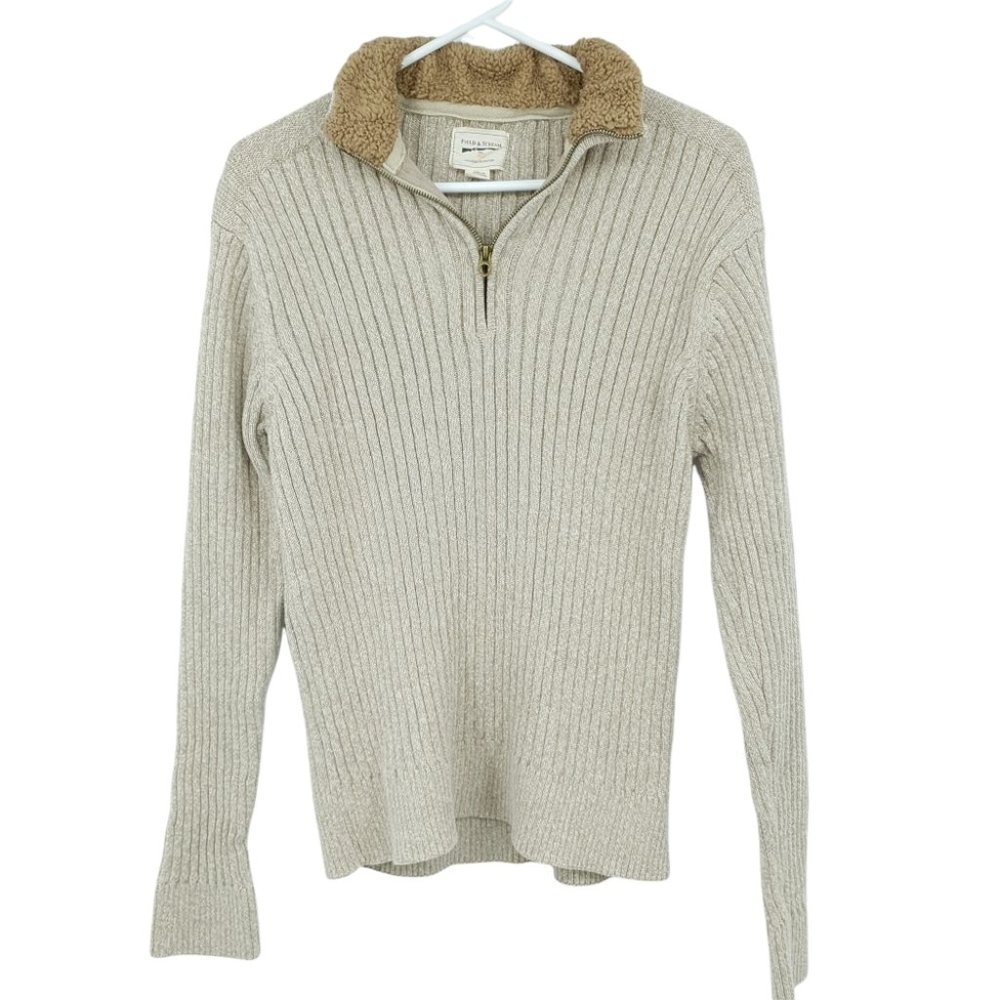 Field & Stream Men's Oatmeal Ribbed Knit Sweater Fuzzy Collar Quarter Zip Medium